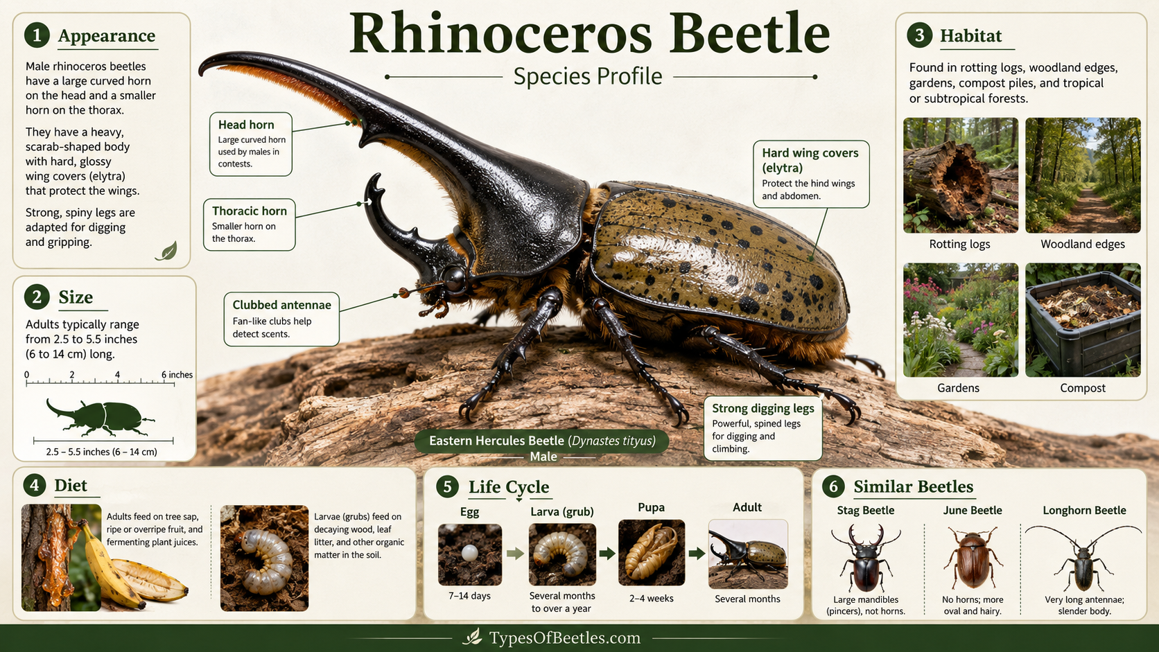 rhinoceros beetle identification guide facts, habitat, life cycle, and garden importance
