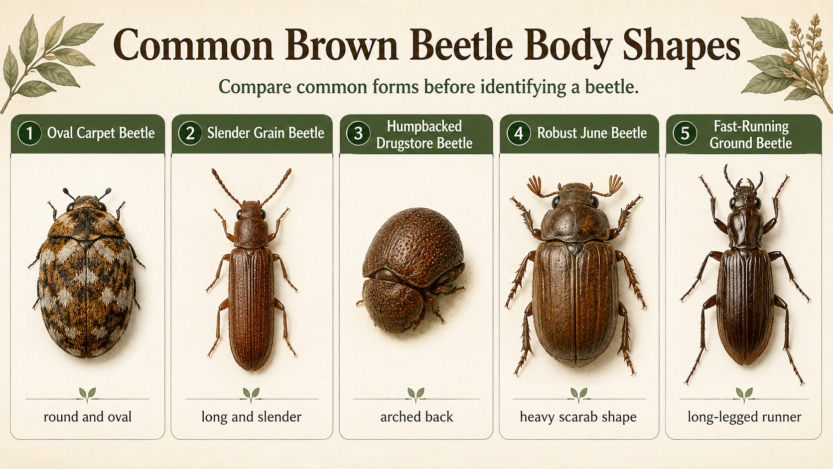 common brown beetle identification comparison showing different beetle body shapes