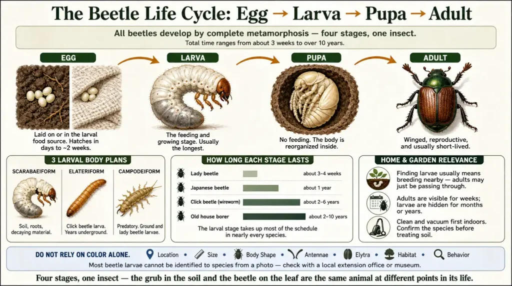 beetle life cycle egg, larva, pupa, and adult stages